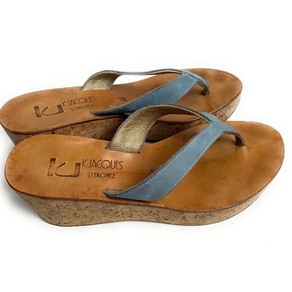K Jacques EUR 37 US 6.5 Thong Platform Wedge St Tropez Sandal Shoe Tan - Picture 2 of 6